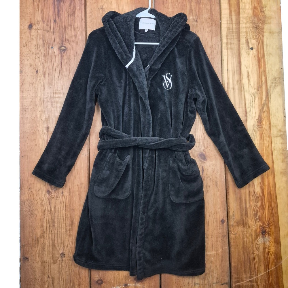 Victoria's Secret Black Plush Hooded Robe VS Logo Size M Cozy Soft